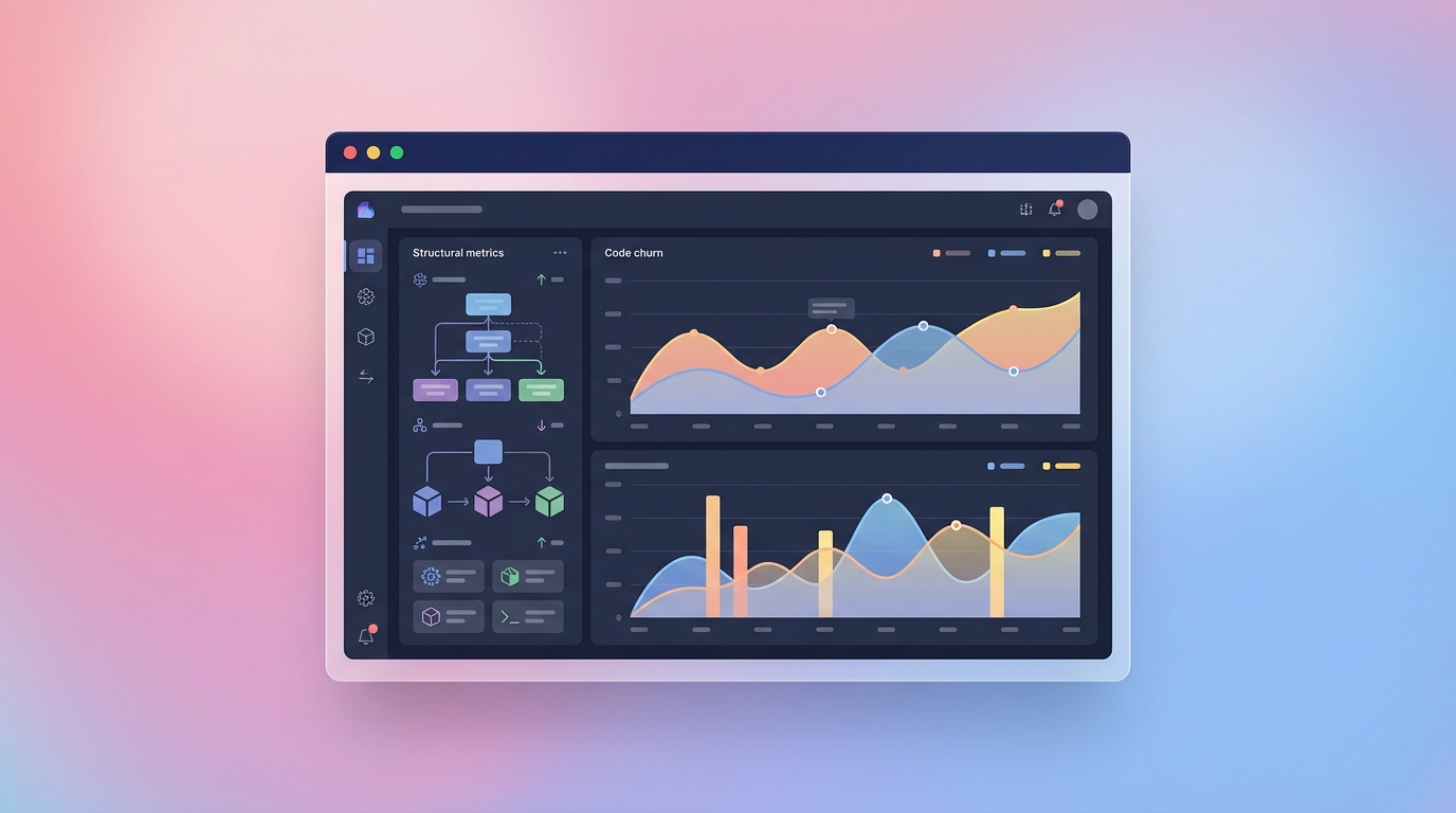 SaaS dashboard illustrating technical debt and code churn metrics