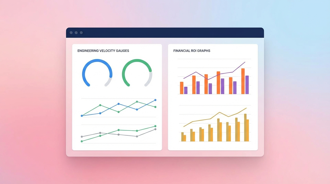 Dual-pane dashboard contrasting engineering metrics with boardroom financial metrics