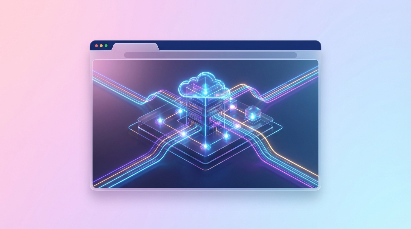Architectural diagram with glowing nodes representing technical infrastructure