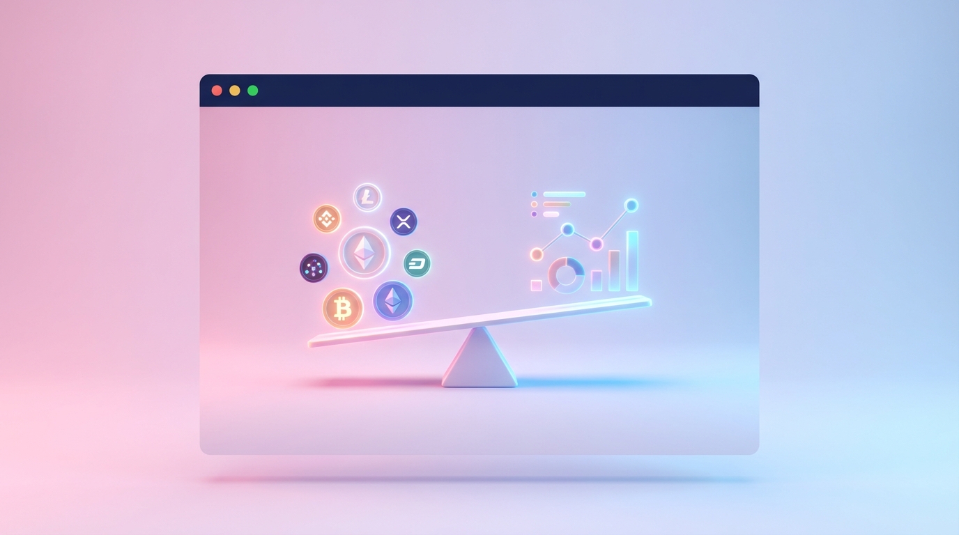 Financial scale balancing digital assets symbolizing purchase price adjustments